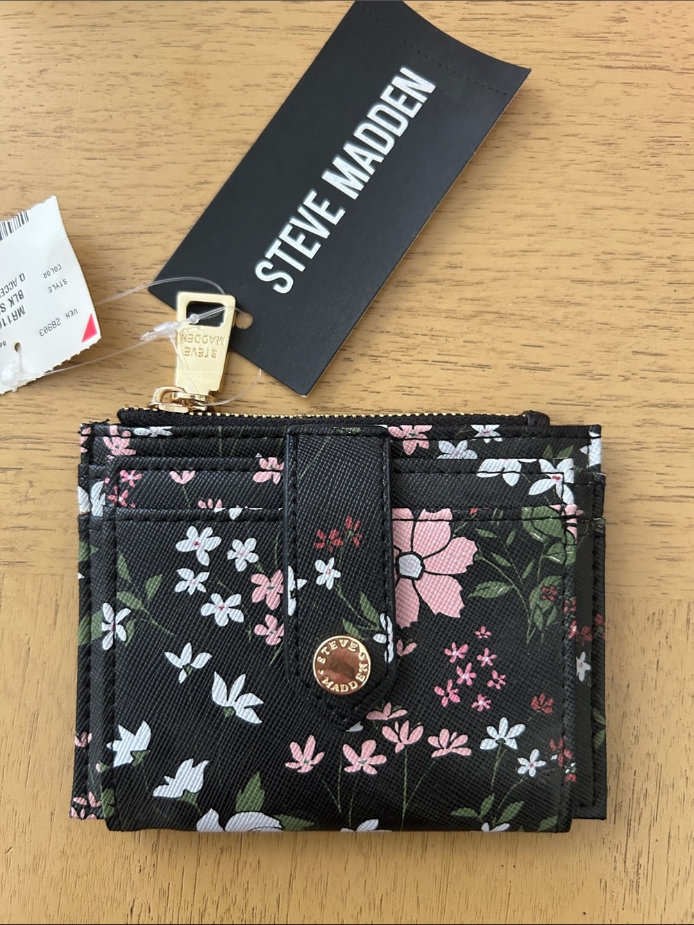 Steve Madden Black Floral Cardholder with Gold Hardware